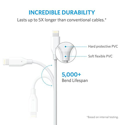 Anker PowerLine 6ft Lightning Cable, MFi Certified for iPhone X / 8 / 8 Plus / 7 / 7 Plus / 6 / 6 Plus / 5 / 5S (White)