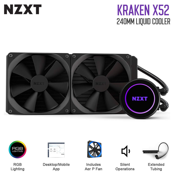 NZXT Kraken X52 240mm - All-In-One RGB CPU Liquid Cooler - CAM-Powered - Infinity Mirror Design - Performance Engineered Pump - Reinforced Extended Tubing - Aer P120mm Radiator Fan (2 Included)